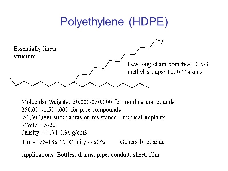 Polyethylene (HDPE) Essentially linear structure Few long chain branches,  0.5-3 methyl groups/ 1000